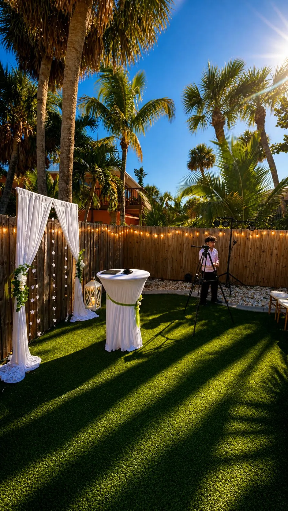 A flower-dressed wedding arch in bright daylight, a speaker being rigged on a stand beside it