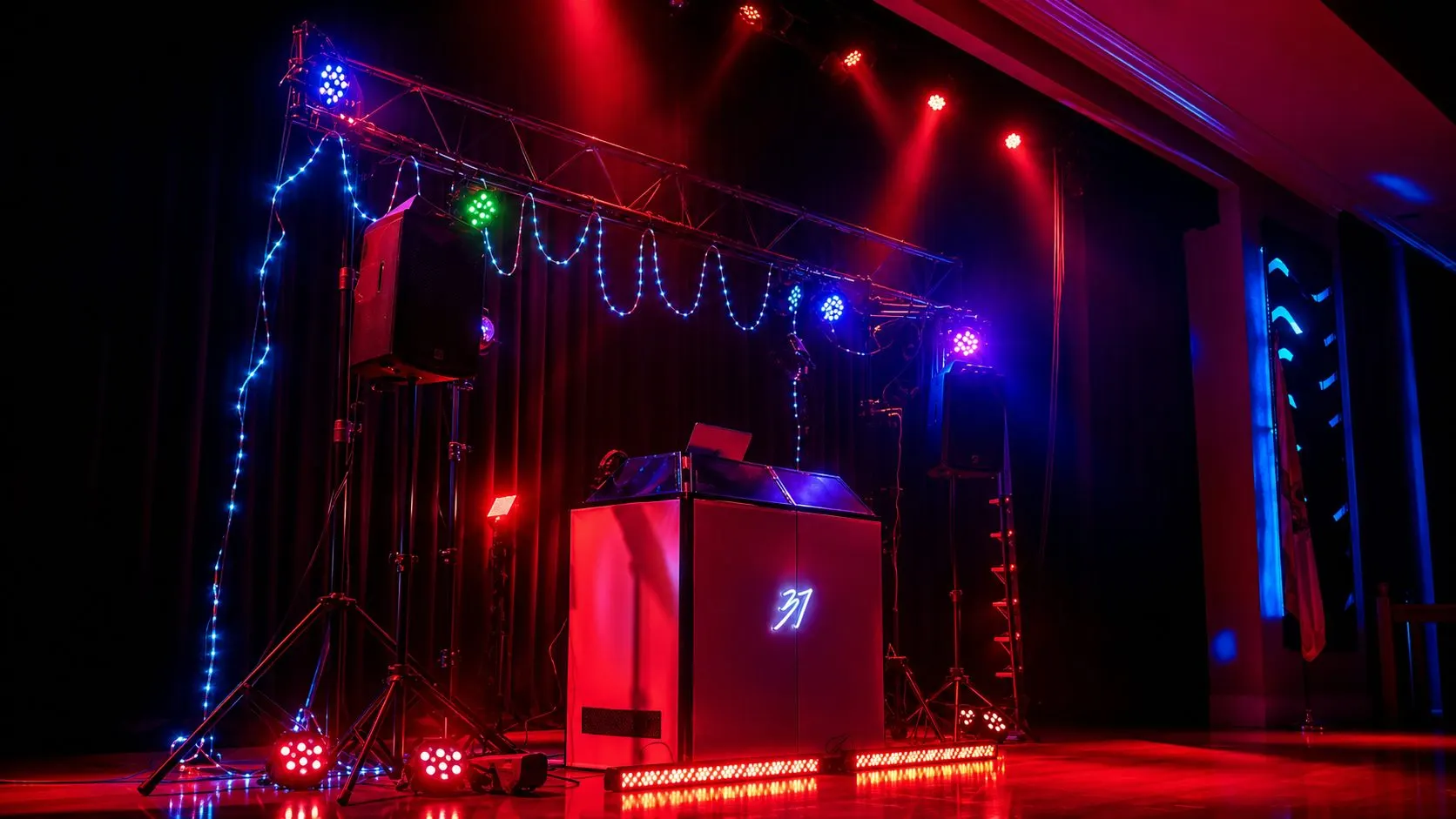 The DJ Studio 37 booth and lighting truss set on a theatre stage before an event