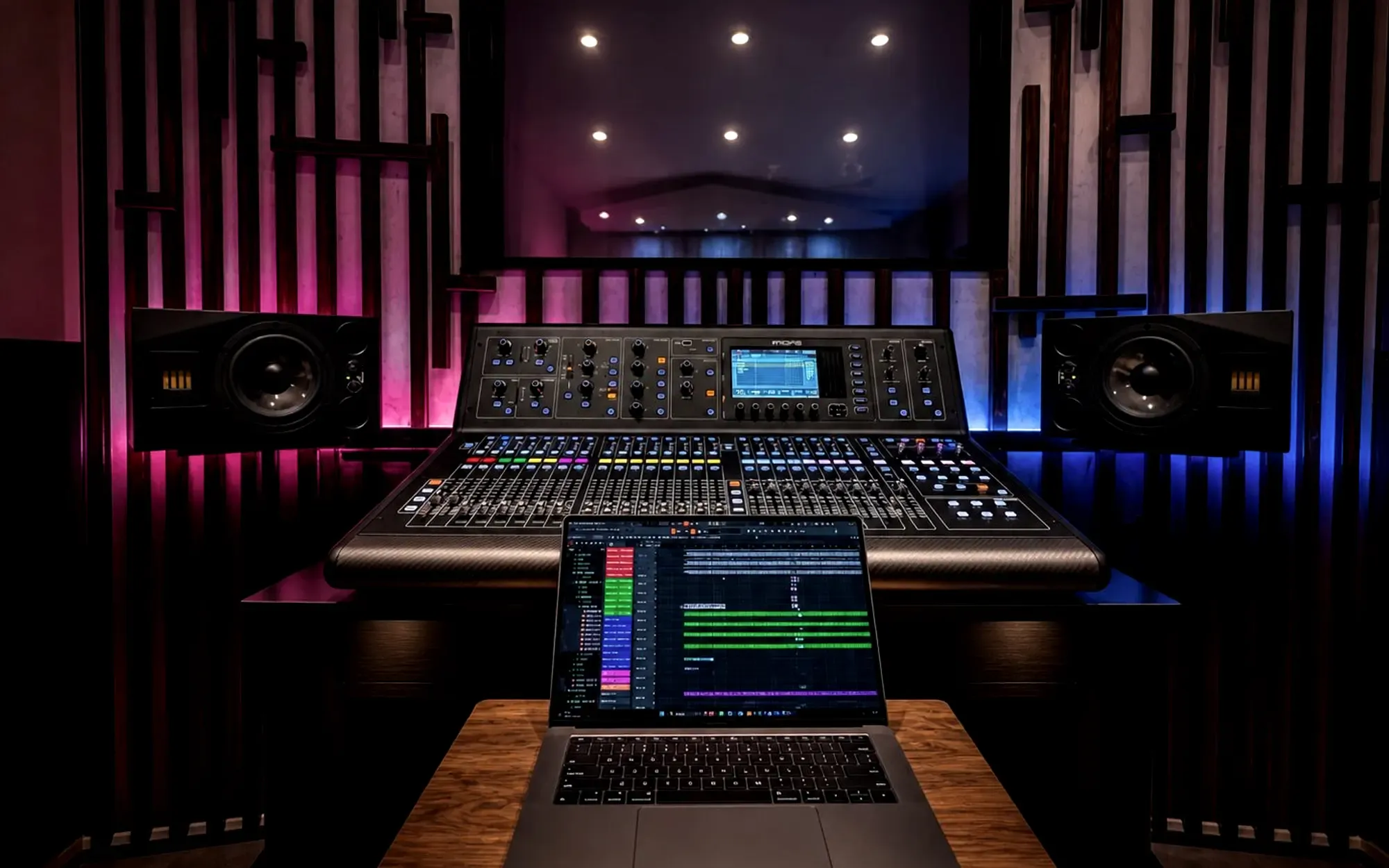 The mixing console and monitors in the DJ Studio 37 control room