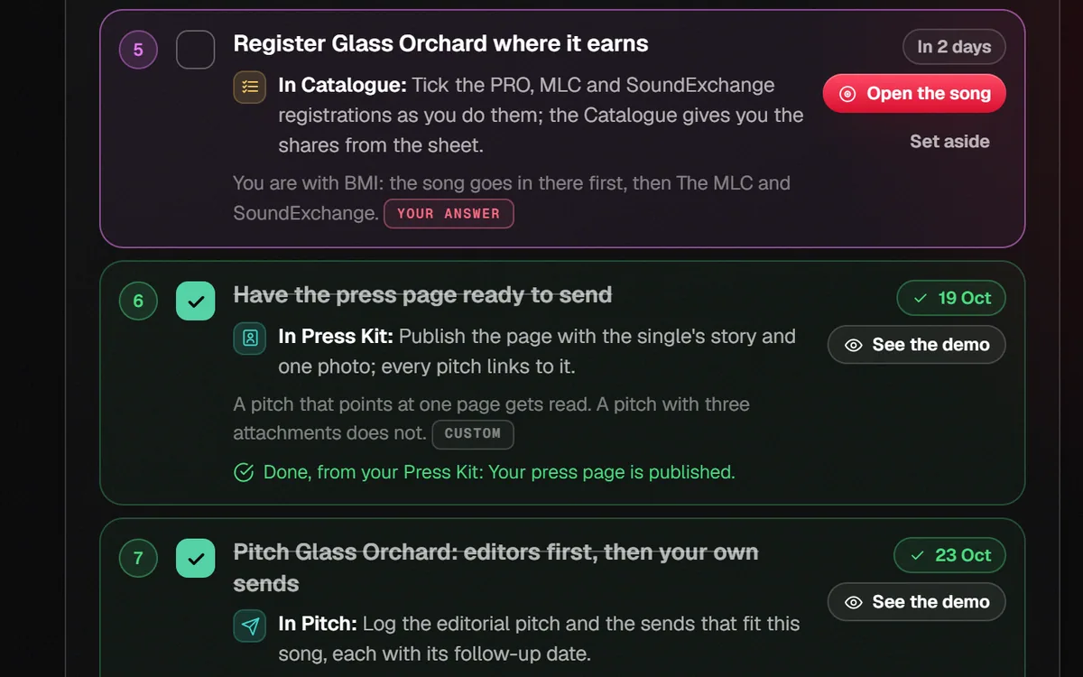 Playbooks on the demo artist, step 3 of 4: Next step, with why
