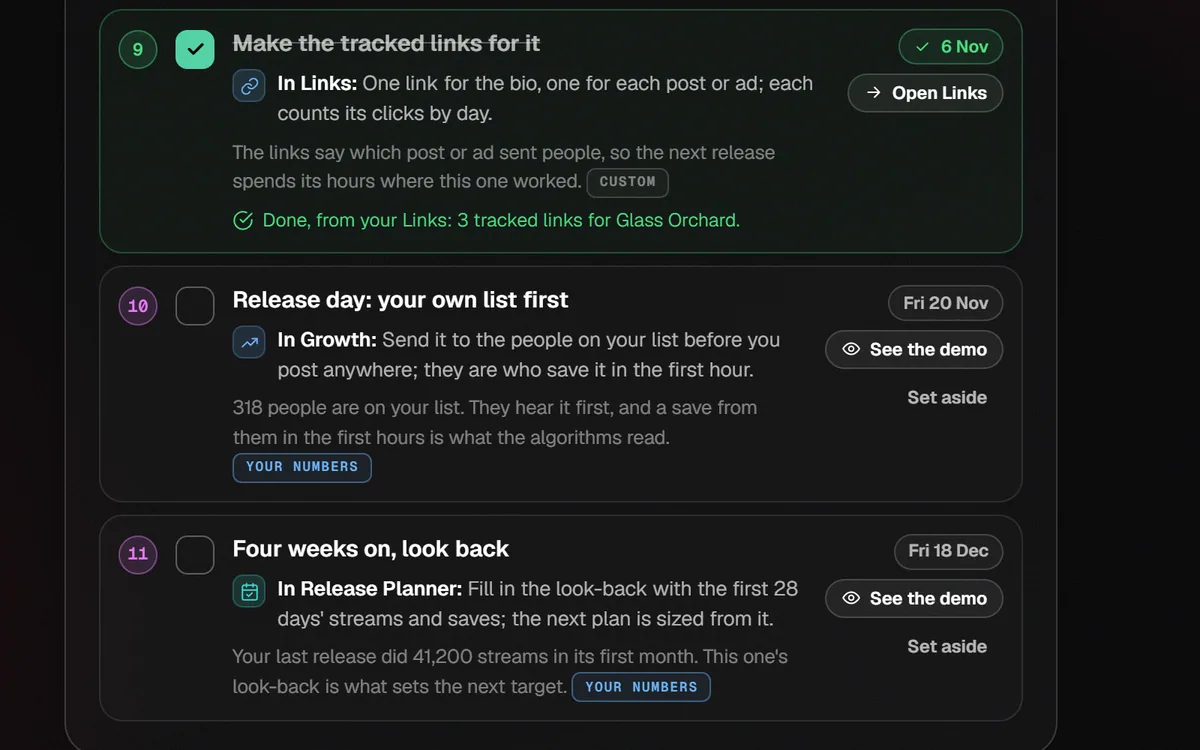Playbooks on the demo artist, step 4 of 4: The last steps, dated