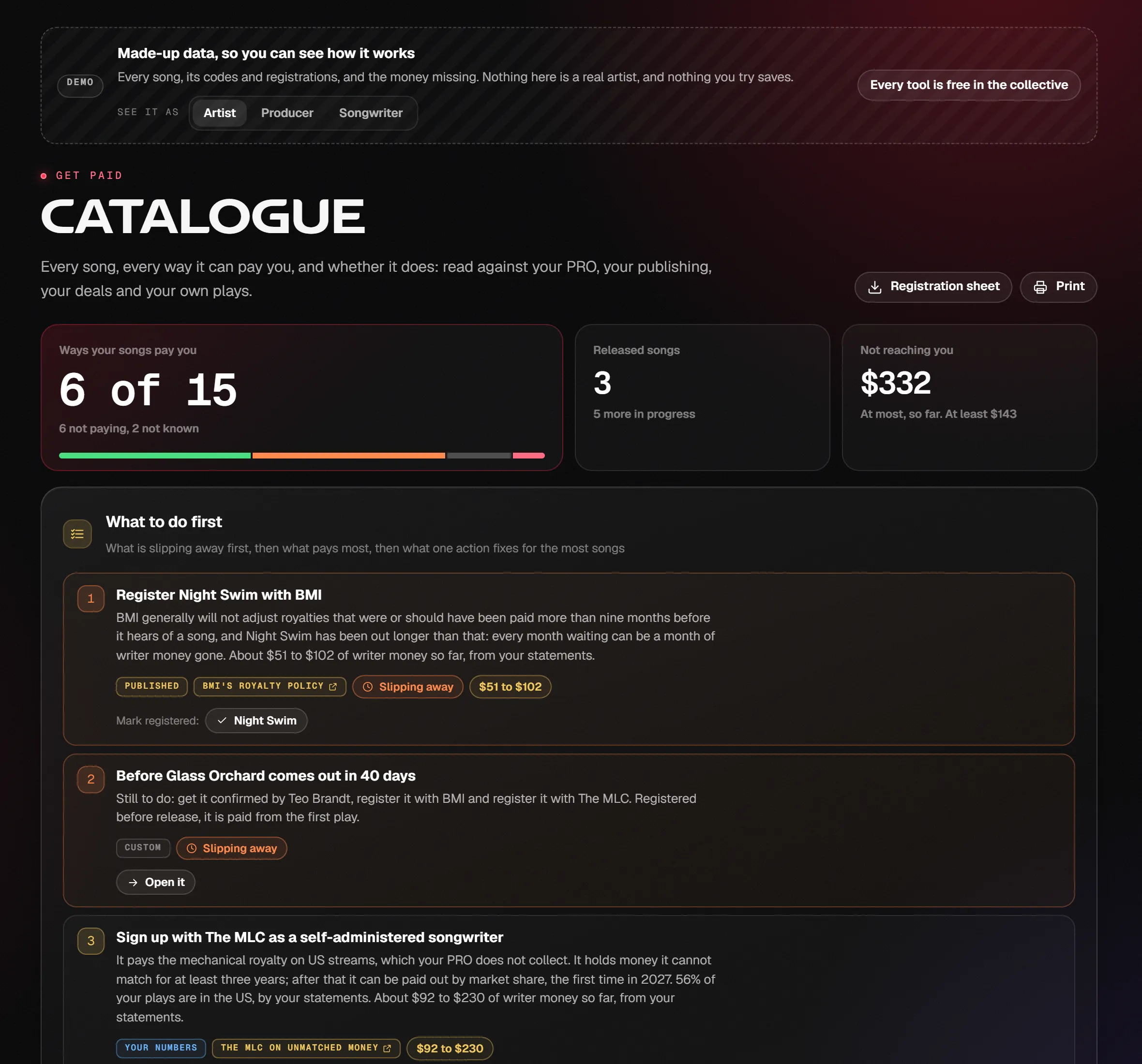 Catalogue on the demo artist
