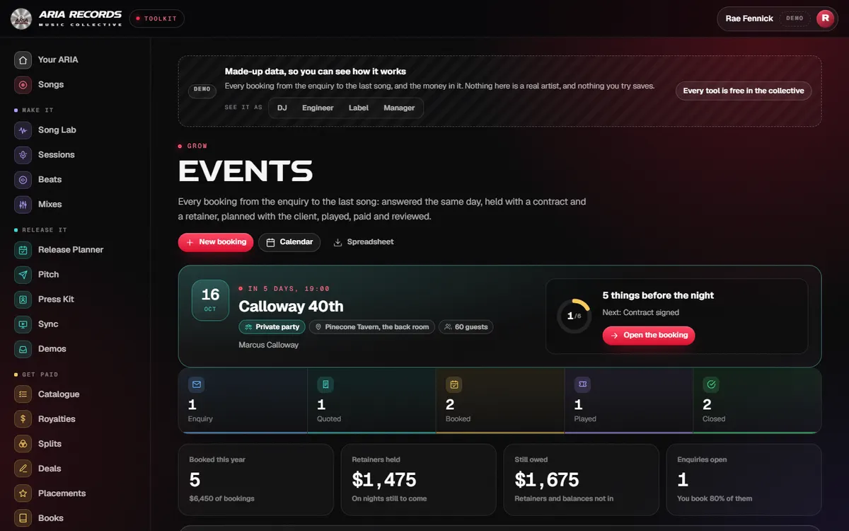 Events on the demo: Retainers and balances not in yet across the demo DJ's bookings, each with its reminder written