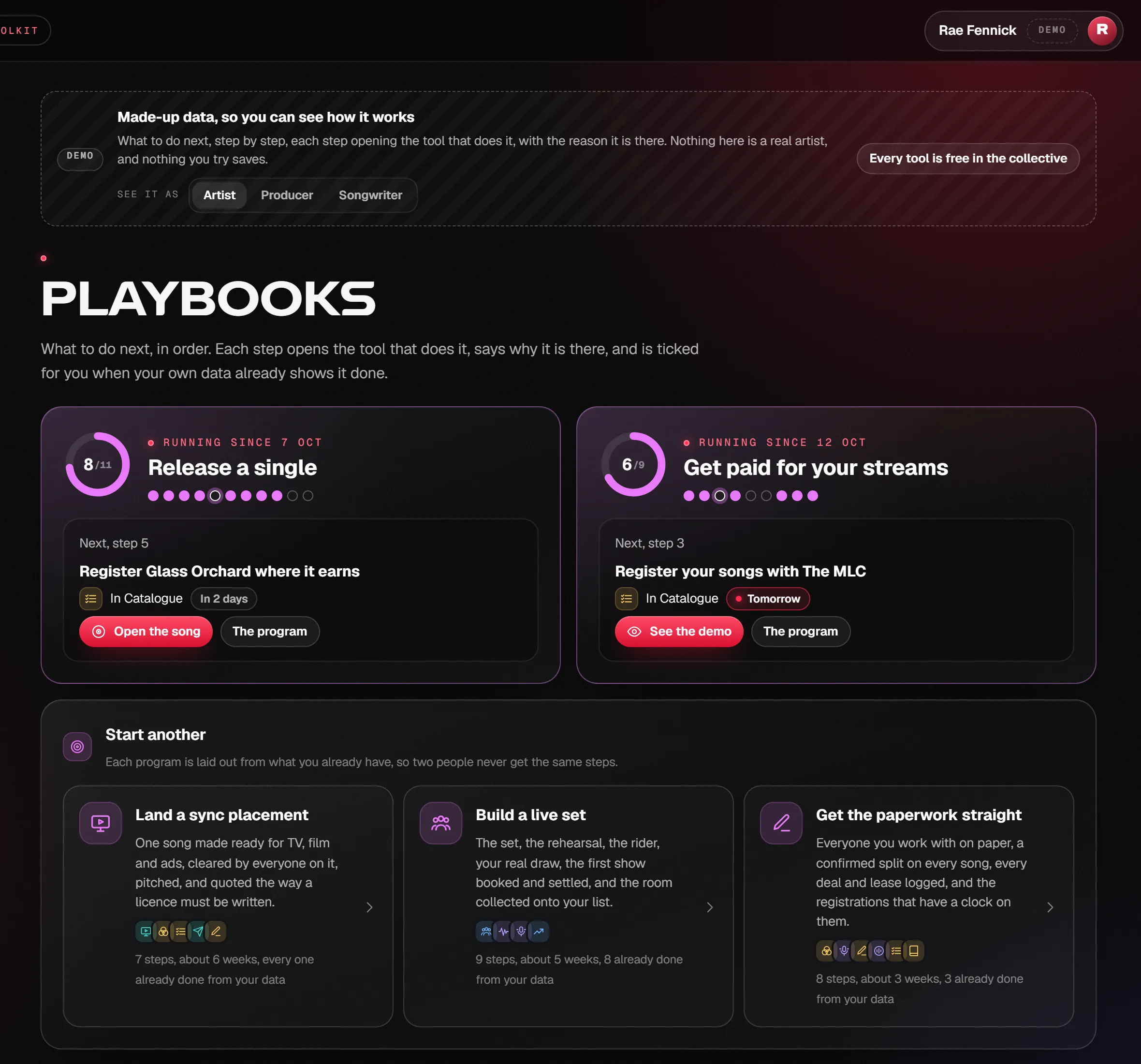 Playbooks on the demo artist