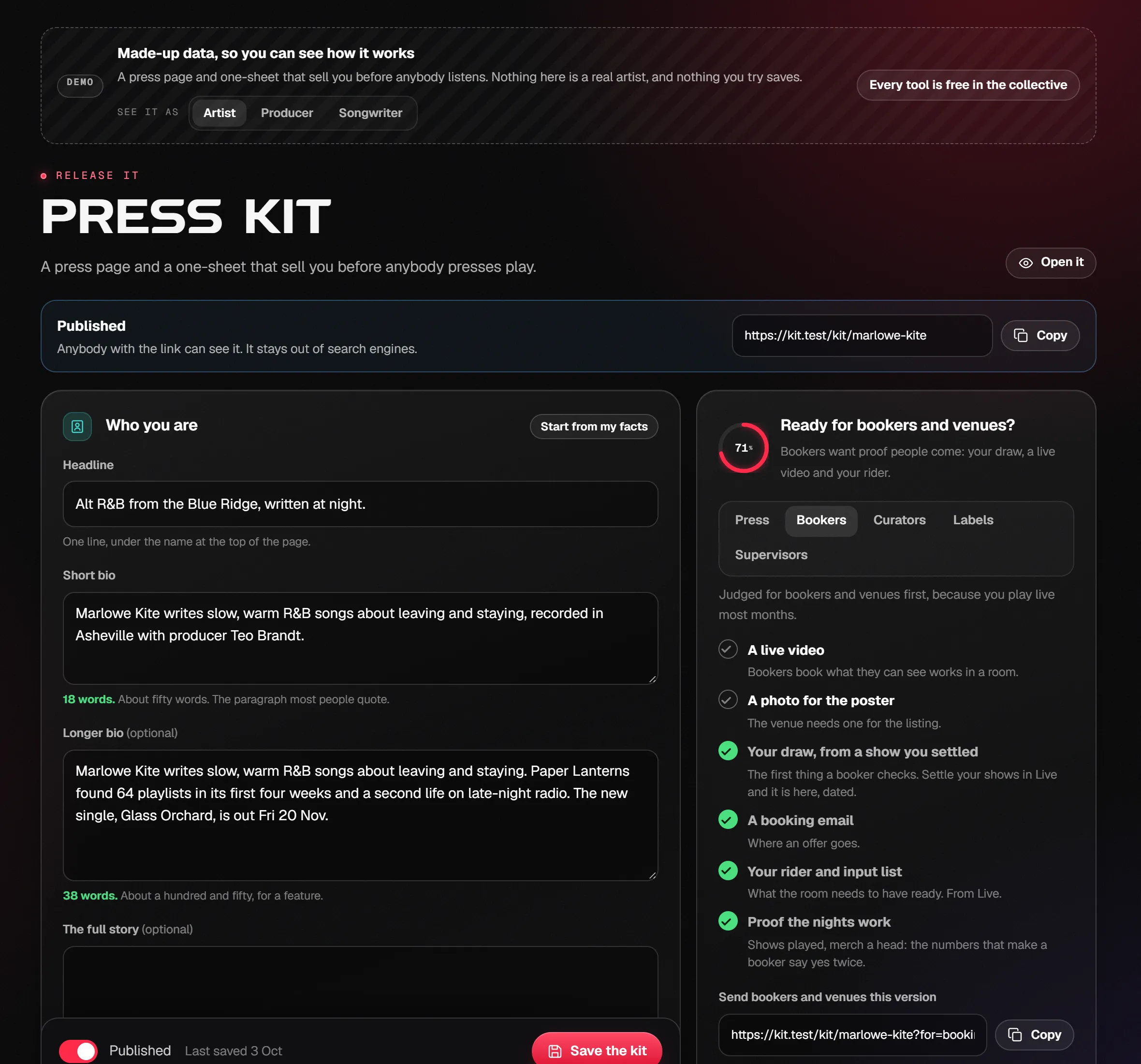 Press Kit on the demo artist