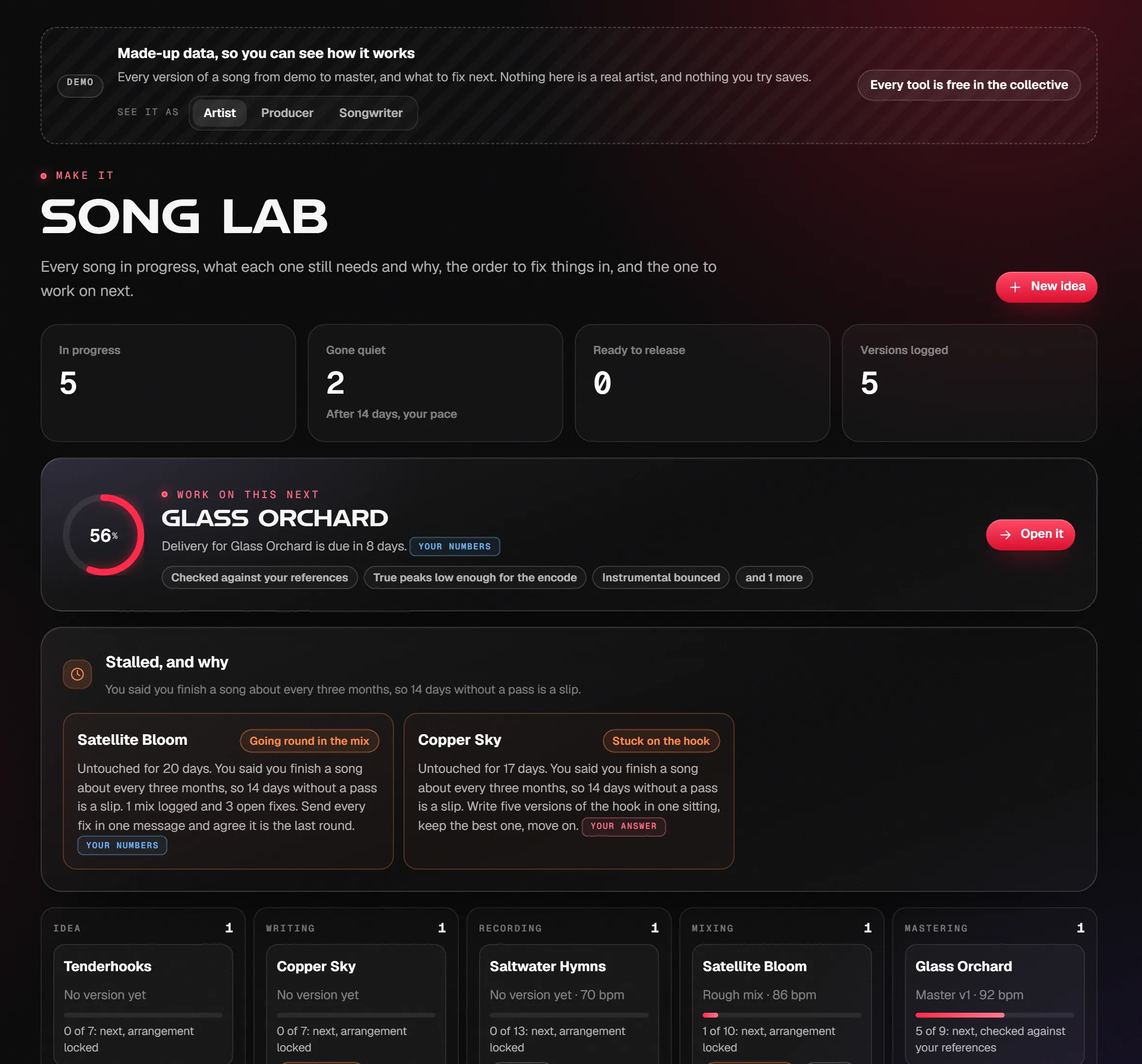 Song Lab on the demo artist