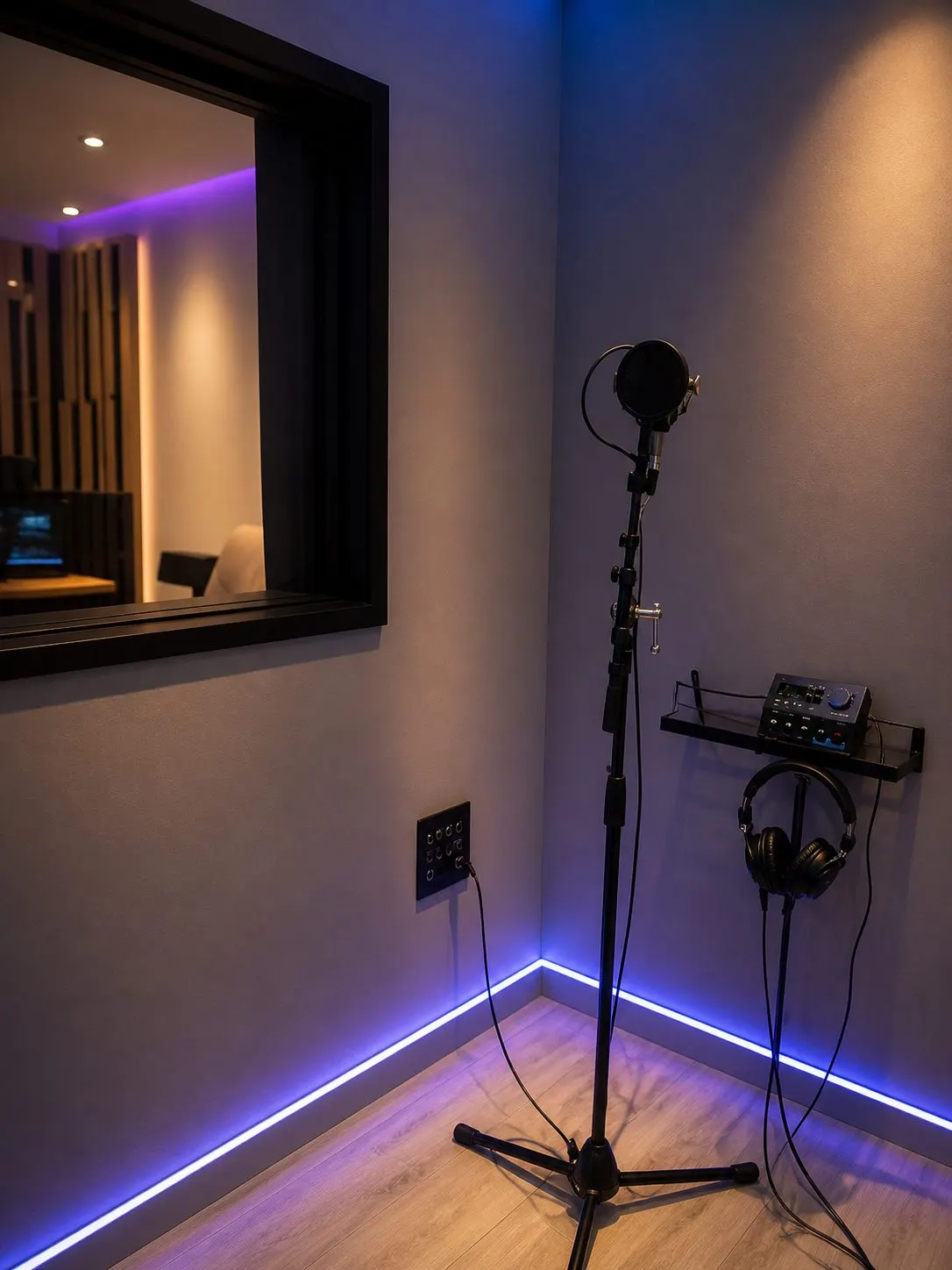 Inside the vocal booth: microphone and pop filter on a stand, headphones on a shelf amp, the control room through the window