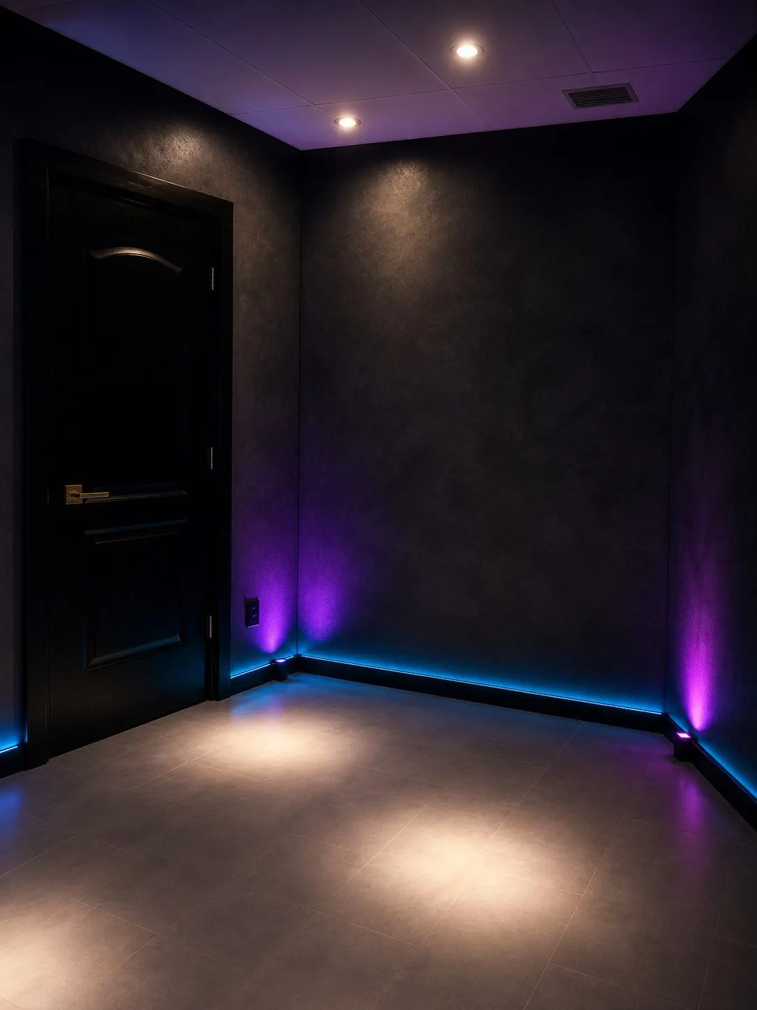 The corridor into the studio, LED skirting washing the dark walls blue and purple
